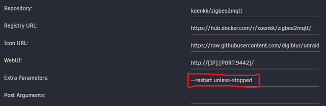 Adding restart unless-stopped extra parameter in the advanced view of the docker container